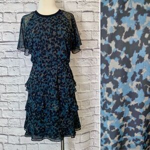 Madewell. Ink Spot Ruffle Skirt Drees. Black / Blue / Grey Print. Size 14.